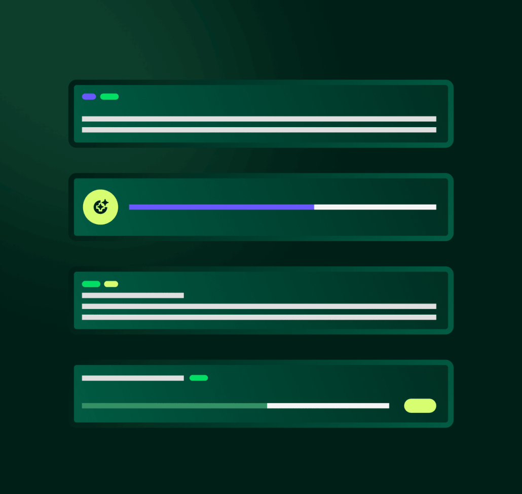 Custom agent workflow dashboard with activity rows and a request progressing through a policy check